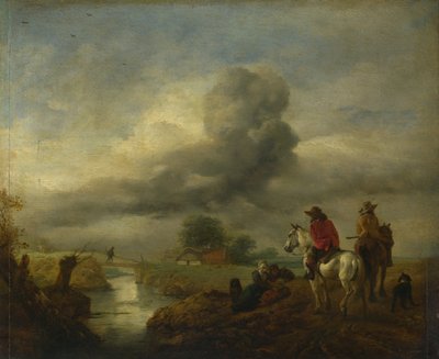 Twee verkenners op wacht bij een stroom door Philips Wouwerman